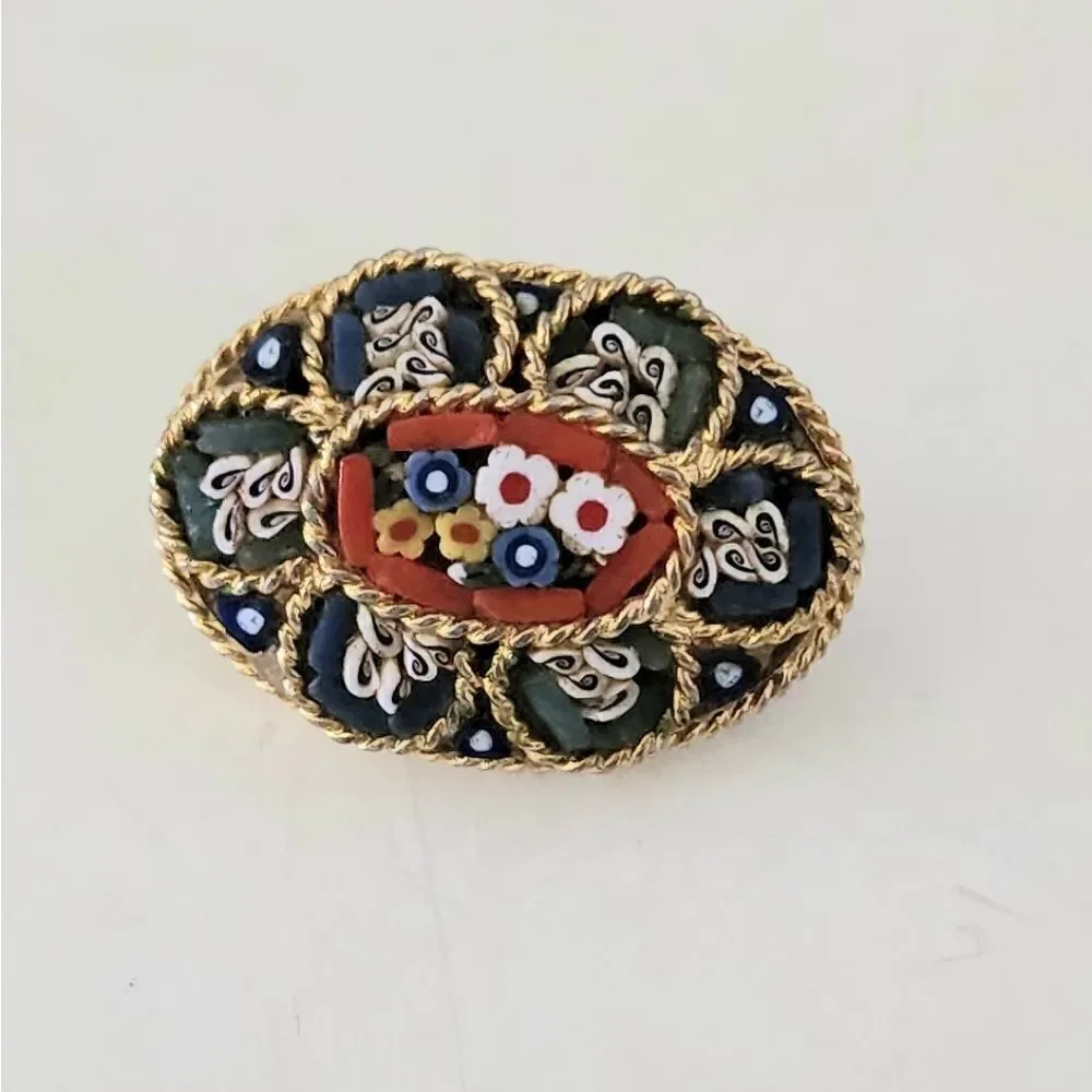 Vintage Italy Brooch Pin 1” Micro-Mosaic Millefiori Flower